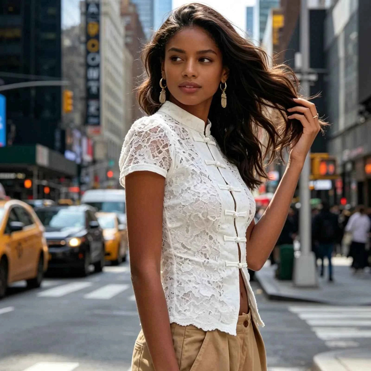 Fitted Lace Mandarin Collar Blouse