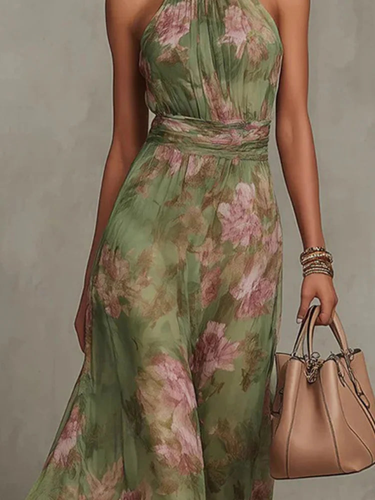Sage Floral Halter Maxi Dress