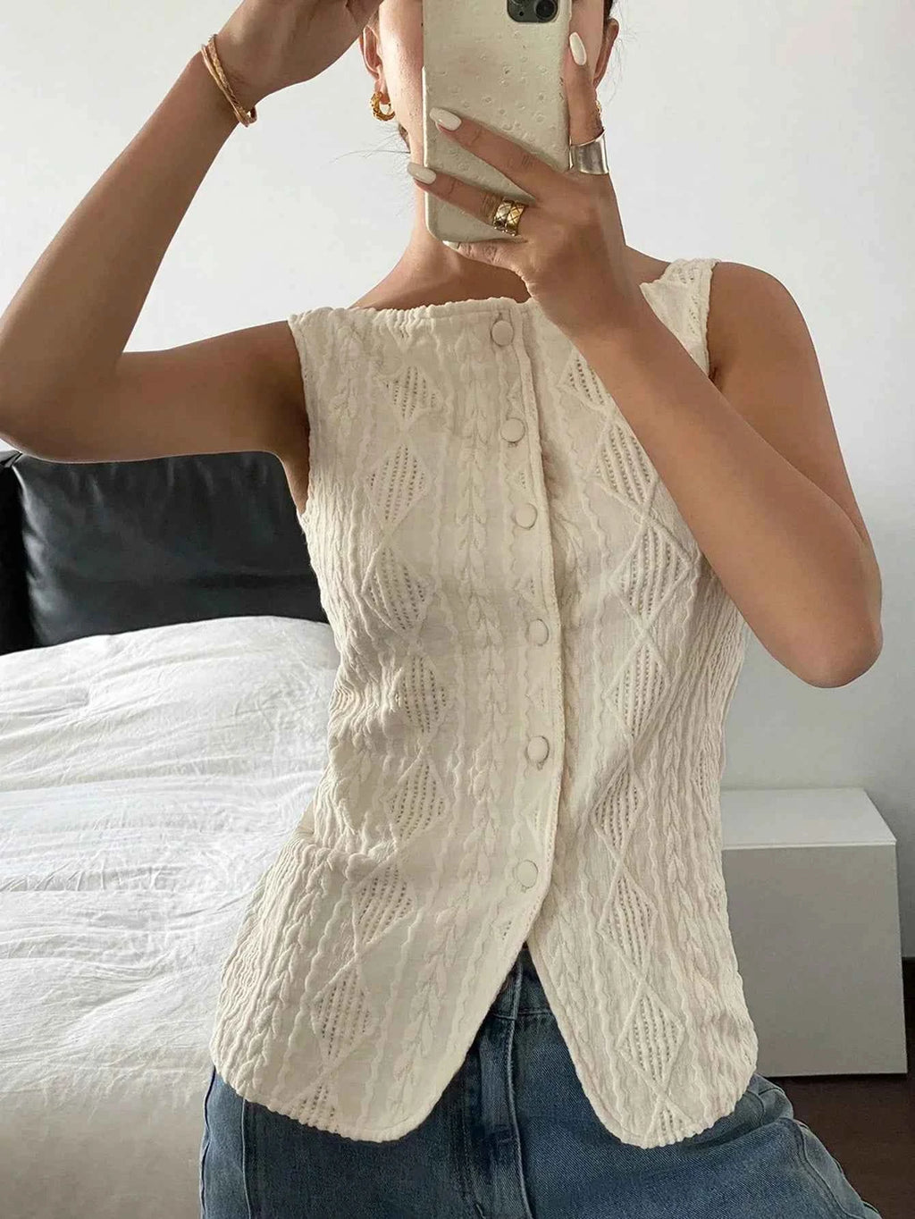 Textured Button-Front Blouse