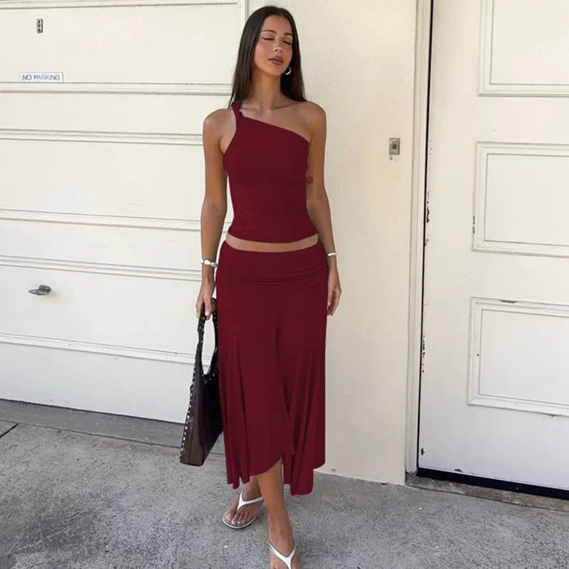 One Shoulder Midi Skirt Set