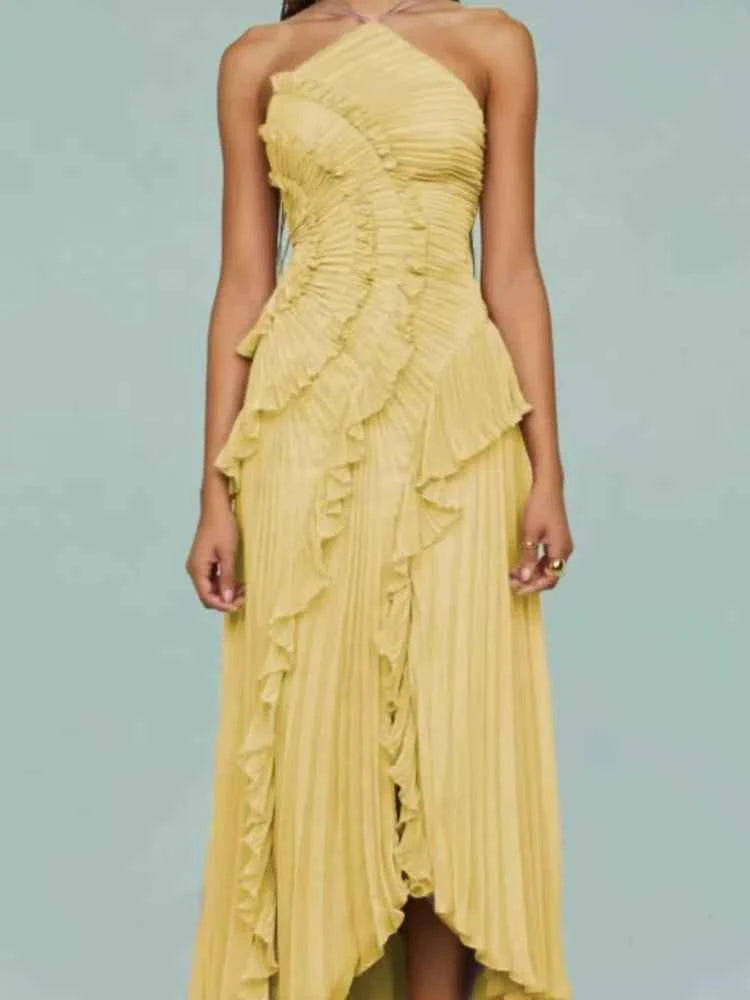 Lilac Pleated Ruffle Halter Maxi Dress