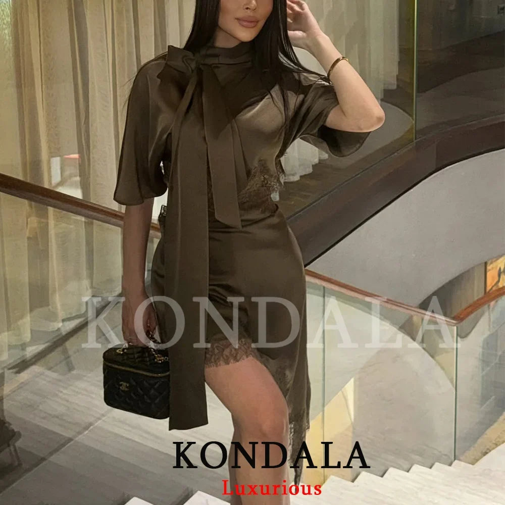Lace Trim Scarf Collar Mini Dress