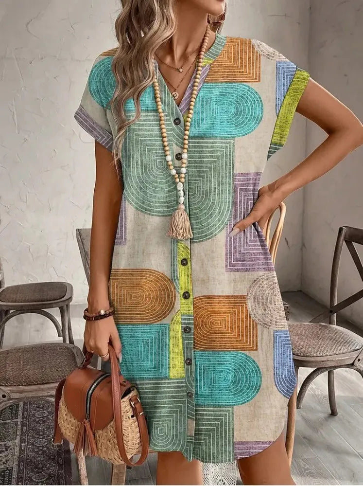 Geometric Button Front Shift Dress