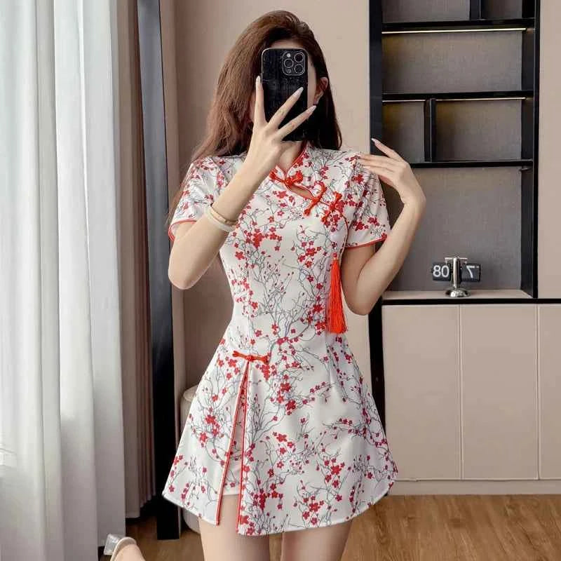 Floral Print Cheongsam Mini Dress
