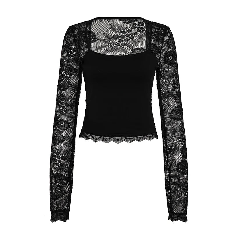 Square Neck Lace Sleeve Top