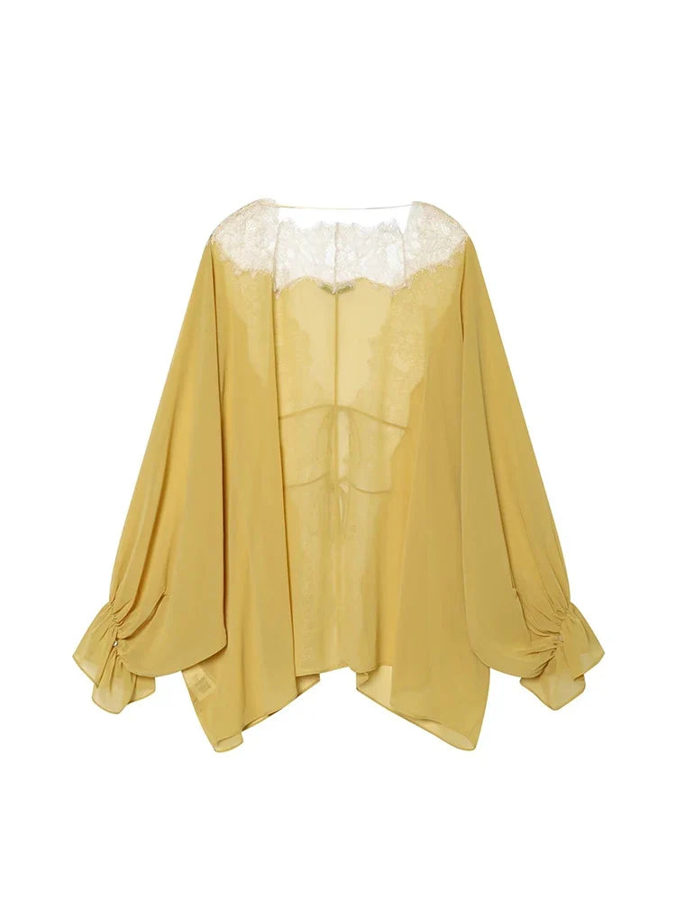 Mustard Lace-Trim Tie-Front Blouse
