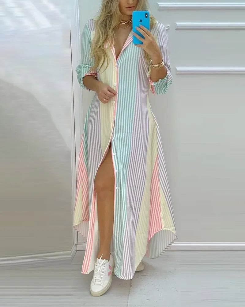 Palm Leaf Print Maxi Shirt Dress
