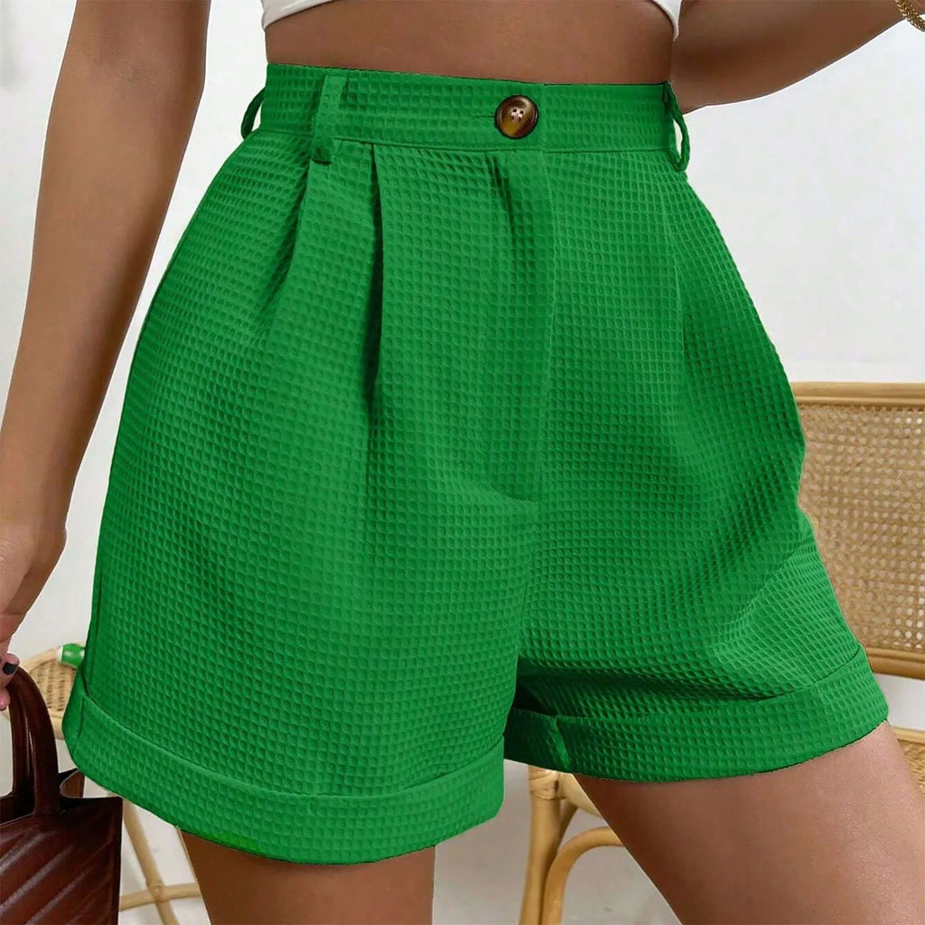 Cream Waffle-Texture High-Waisted Shorts
