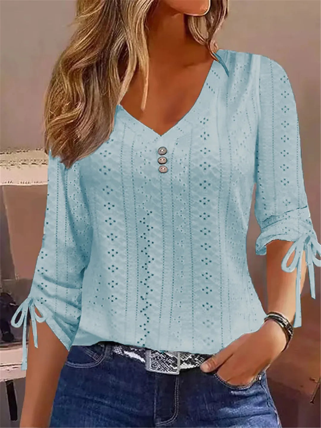 Eyelet Cutwork V-Neck Blouse