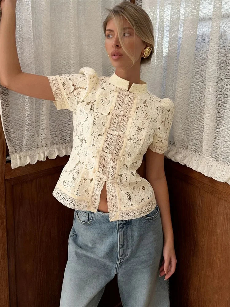 Floral Lace Frog Closure Blouse