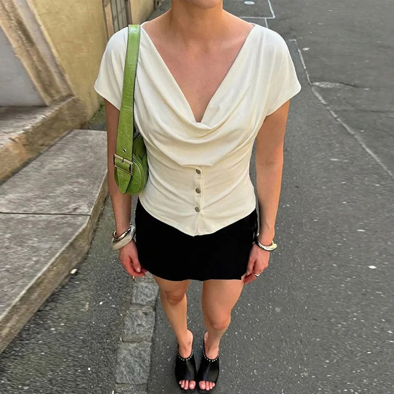 Draped Button-Front Crop Top