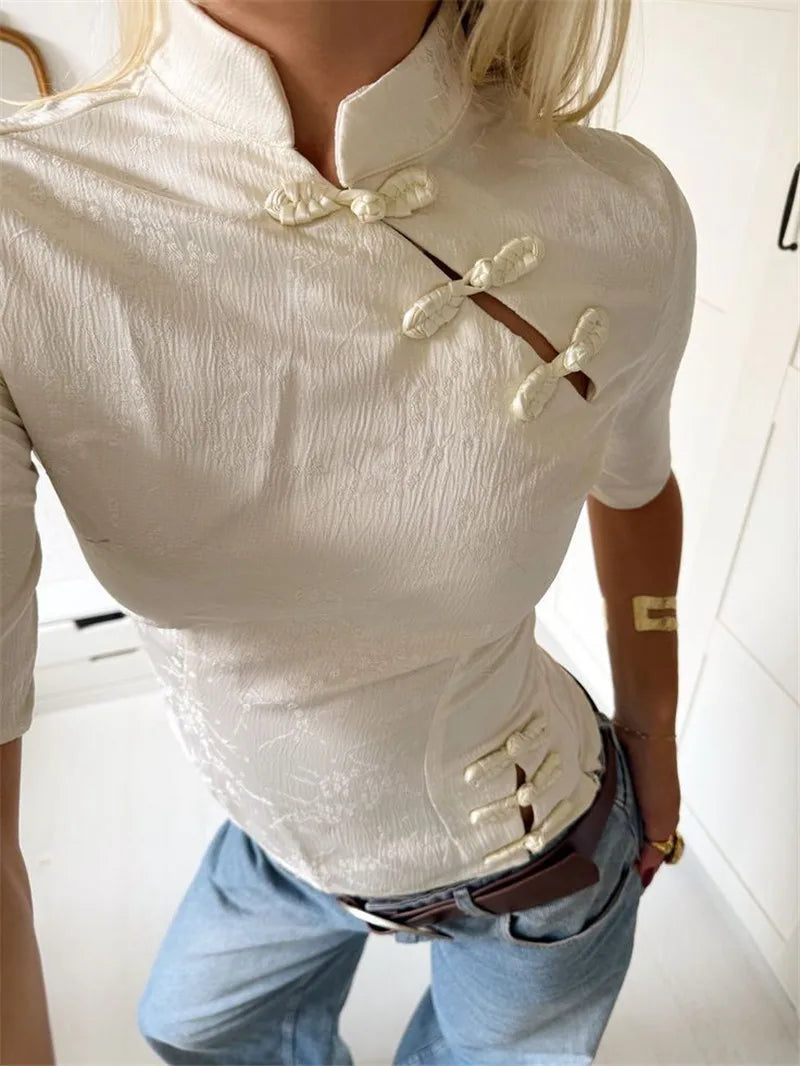 Fitted Mandarin Collar Blouse