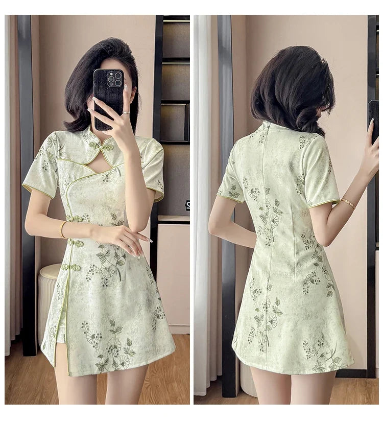 Floral Print Cheongsam Mini Dress