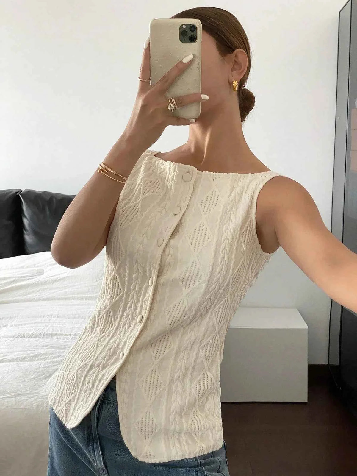 Textured Button-Front Blouse