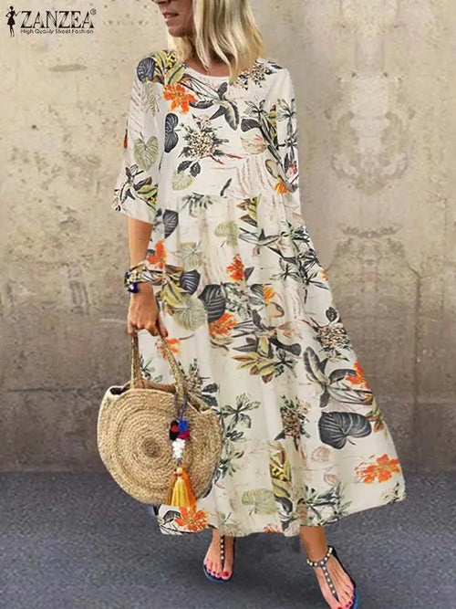 Cream Tropical Floral Midi Dress