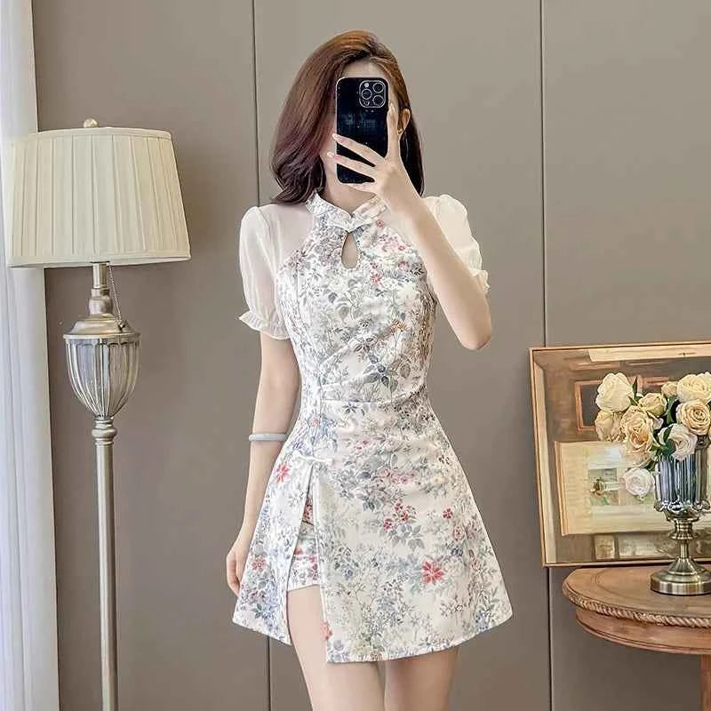 Floral Print Cheongsam Mini Dress