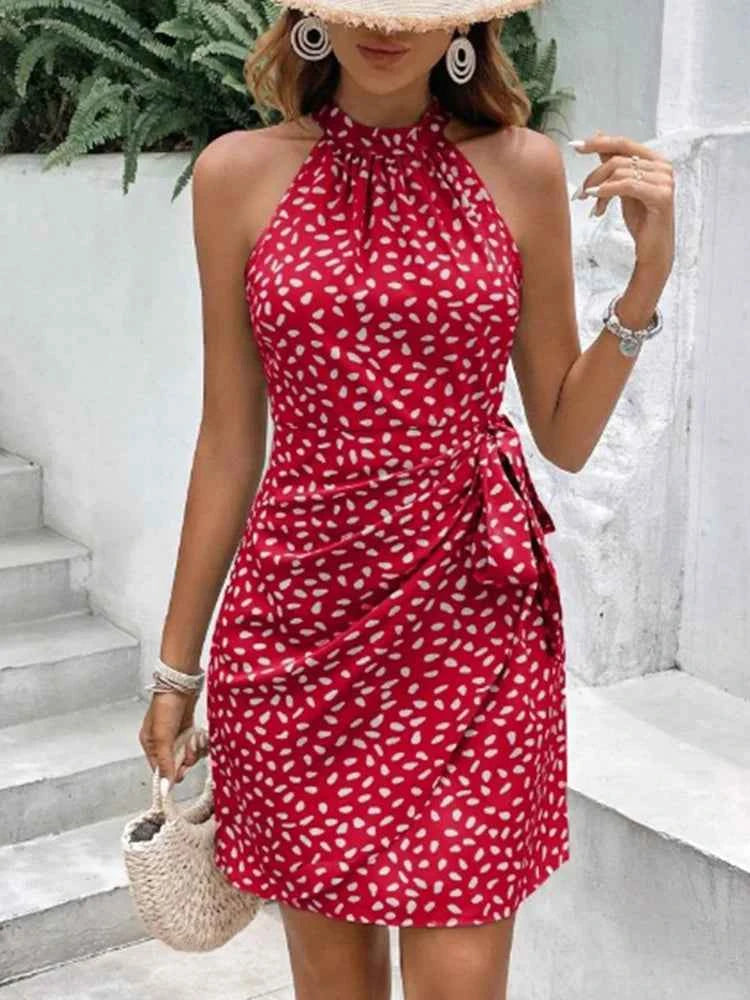 Navy Dot Print Halter Wrap Dress