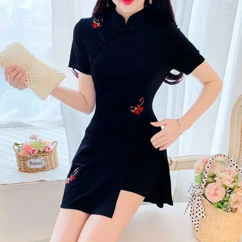 Embroidered Mandarin Collar Shorts Set