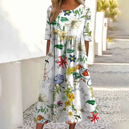 Blue Floral Print A-Line Dress