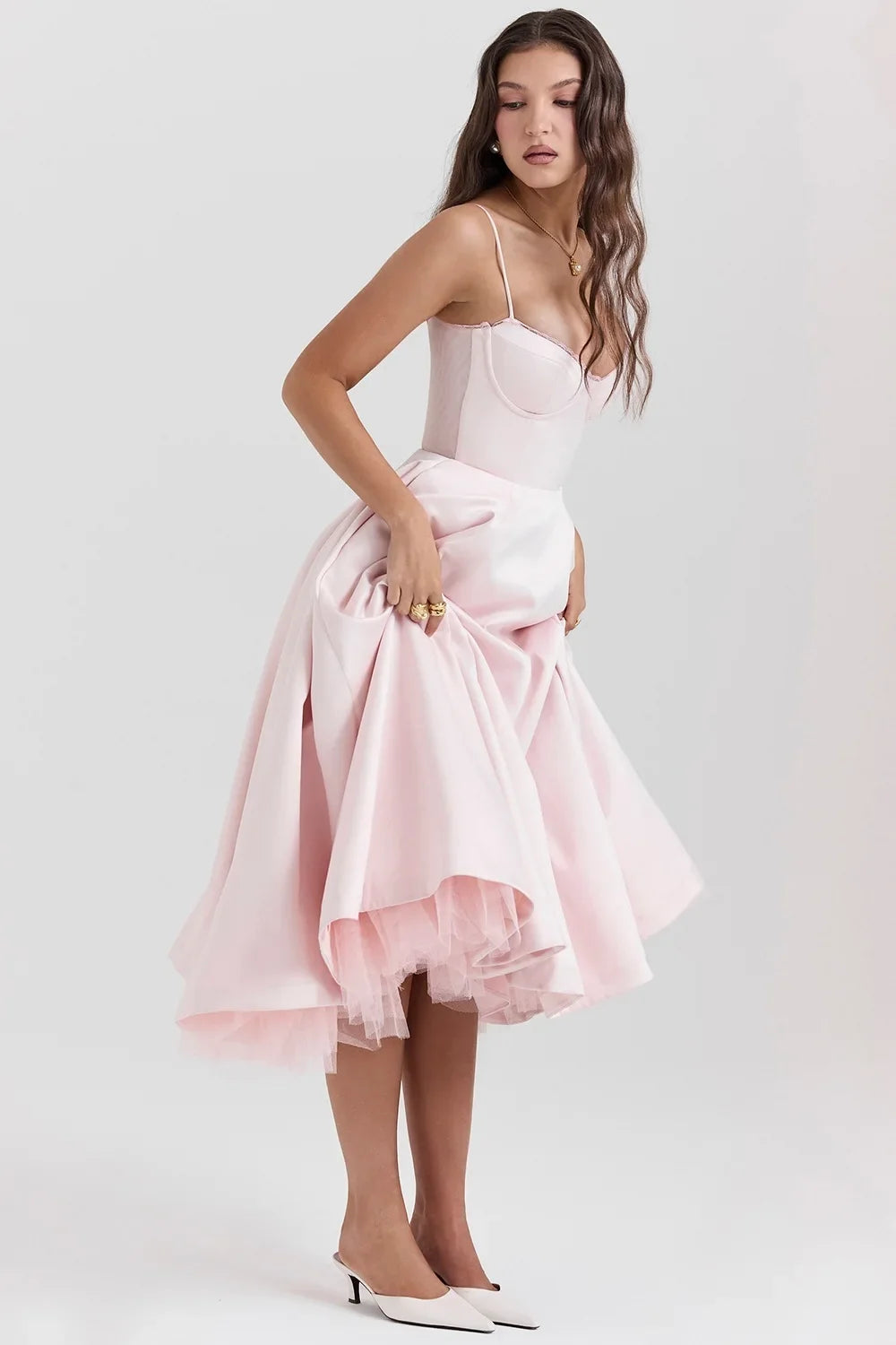 Pink Satin Bustier Midi Dress