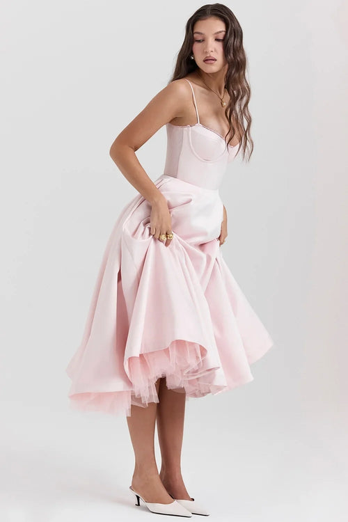 Pink Satin Bustier Midi Dress