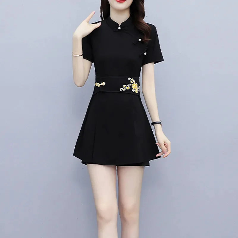 Embroidered Mandarin Collar Shorts Set
