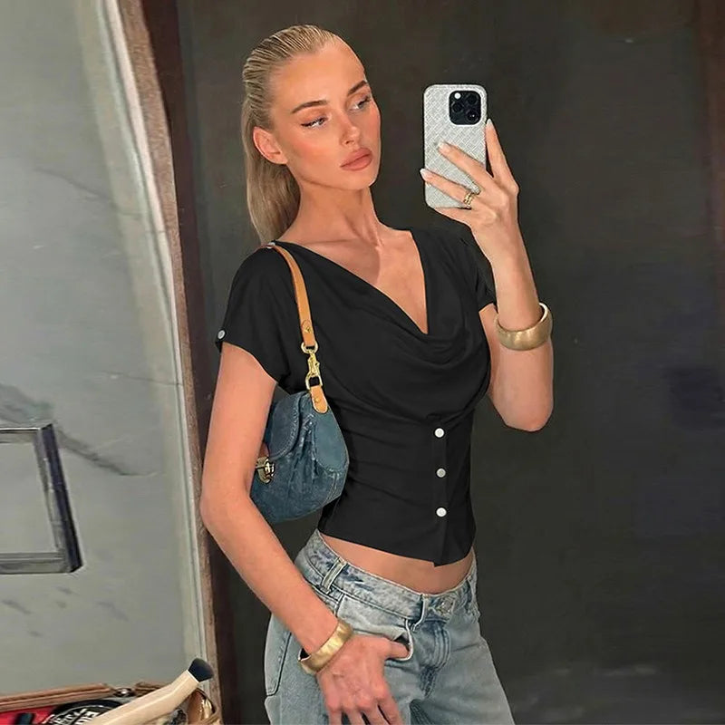 Draped Button-Front Crop Top