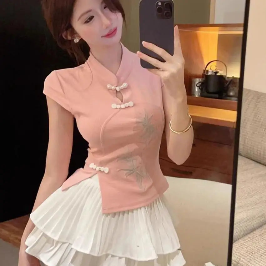 Pink Embroidered Mandarin Collar Top