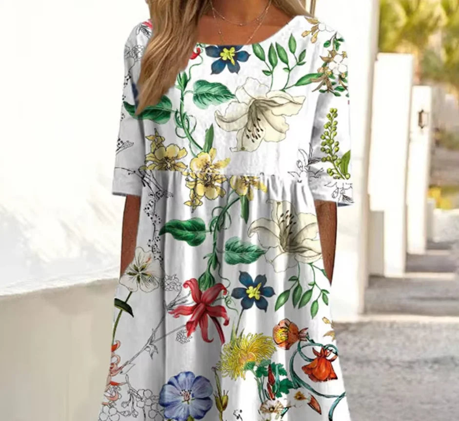 Blue Floral Print A-Line Dress