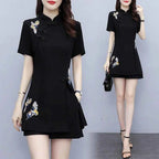 Embroidered Mandarin Collar Shorts Set