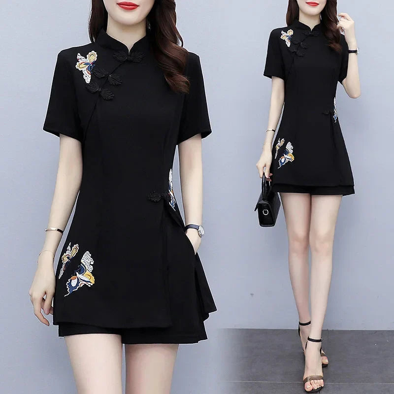 Embroidered Mandarin Collar Shorts Set