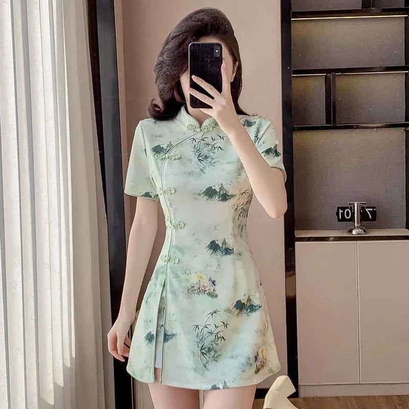 Floral Print Cheongsam Mini Dress