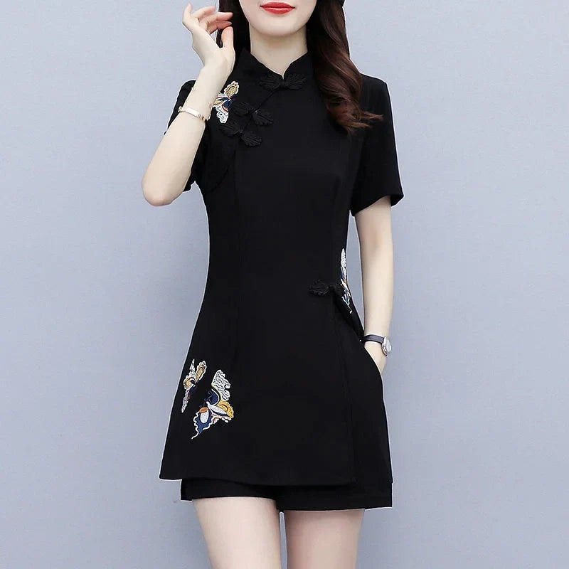 Embroidered Mandarin Collar Shorts Set