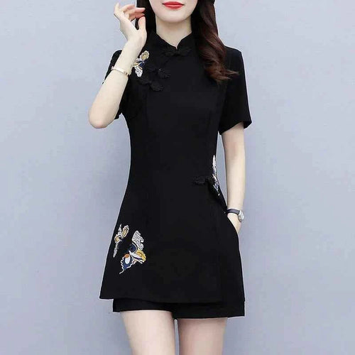 Embroidered Mandarin Collar Shorts Set