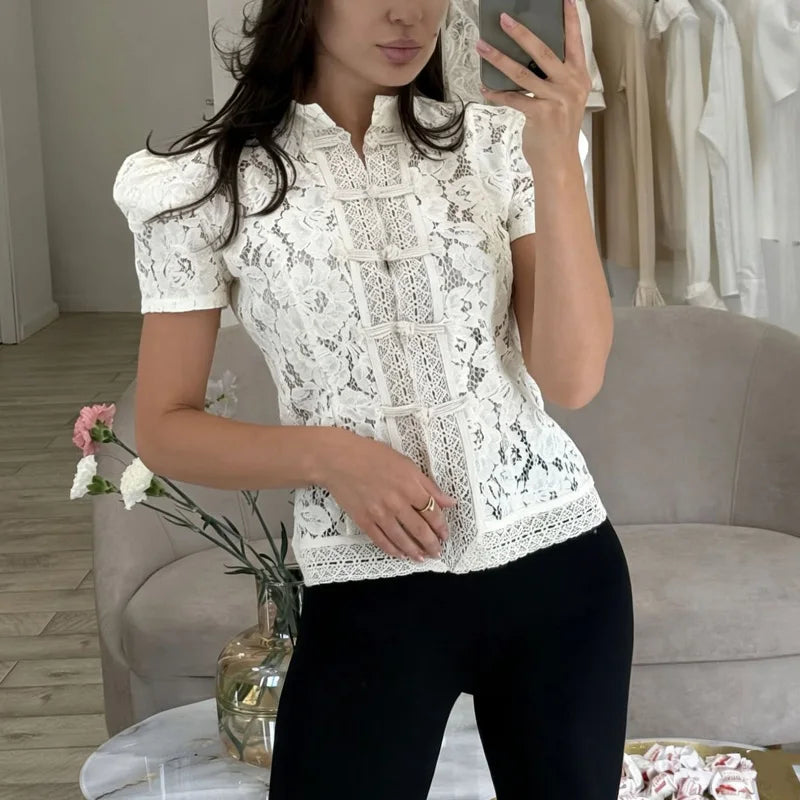Floral Lace Frog Closure Blouse