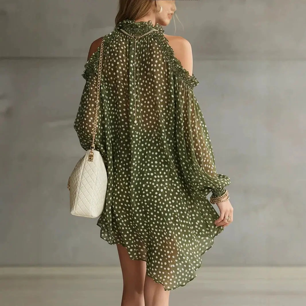 Olive Polka Dot Cold-Shoulder Dress