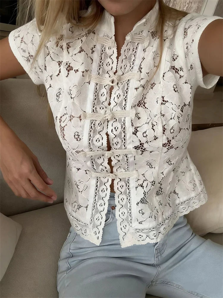 Floral Lace Frog Closure Blouse