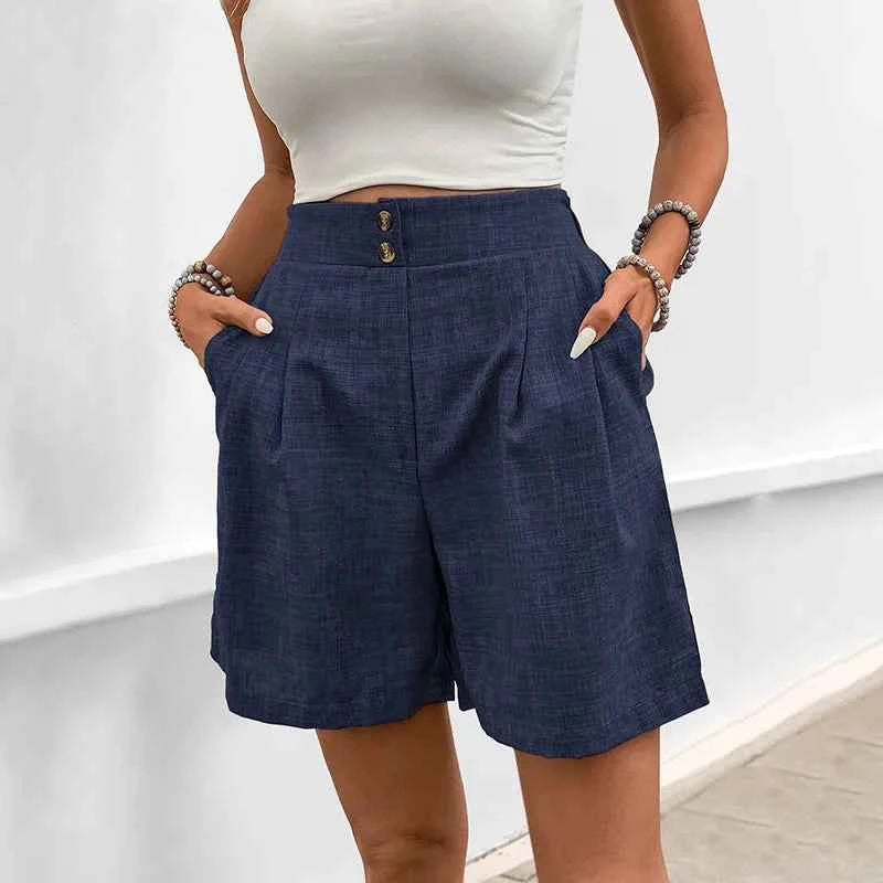Blue Pleated High-Waisted Shorts