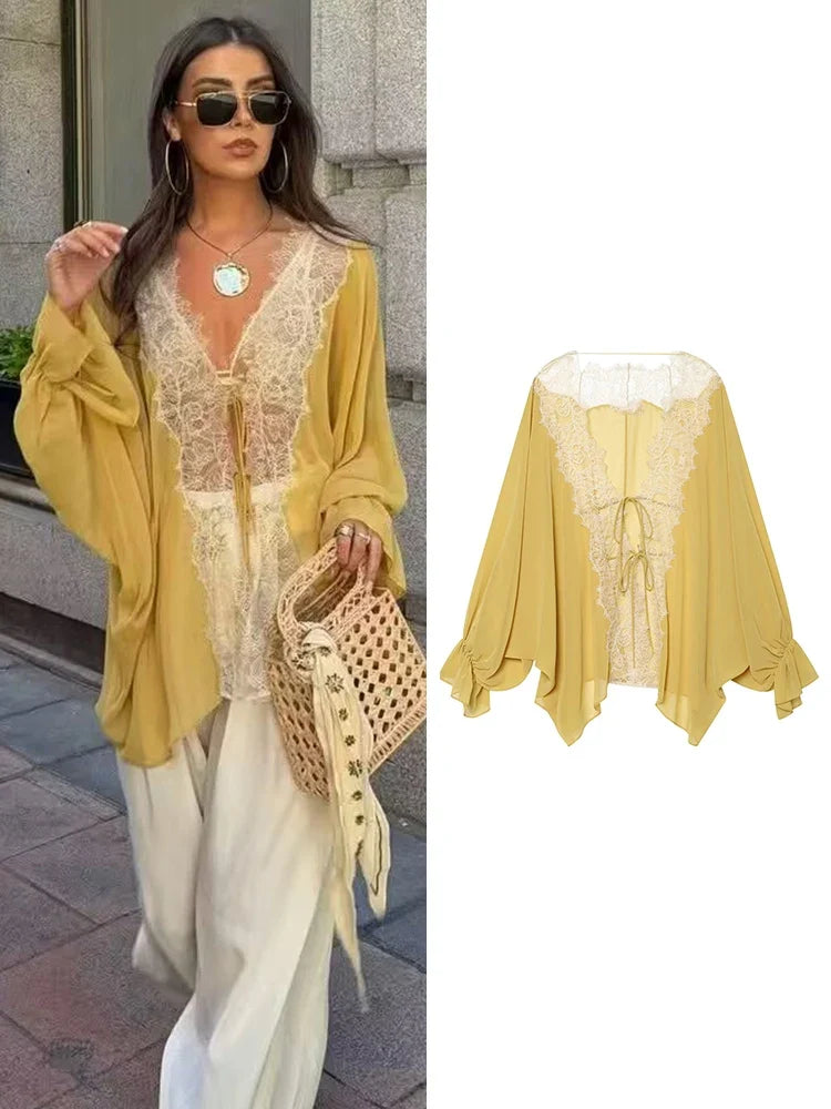 Mustard Lace-Trim Tie-Front Blouse