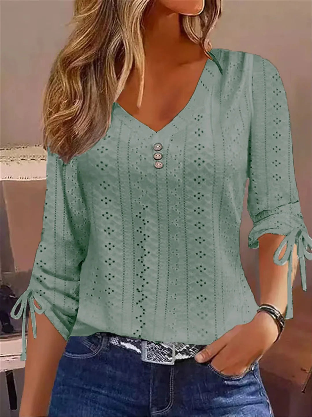Eyelet Cutwork V-Neck Blouse