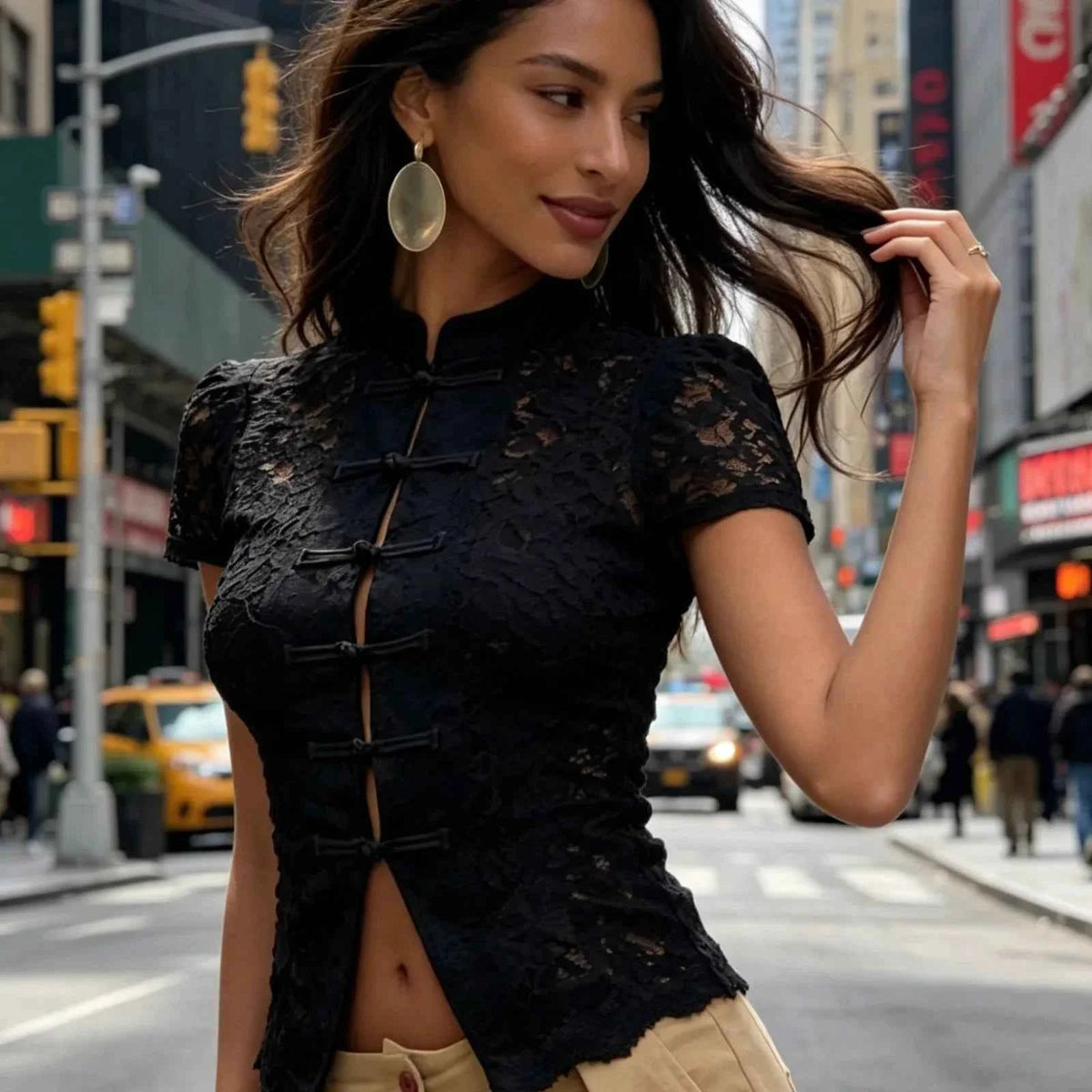 Fitted Lace Mandarin Collar Blouse