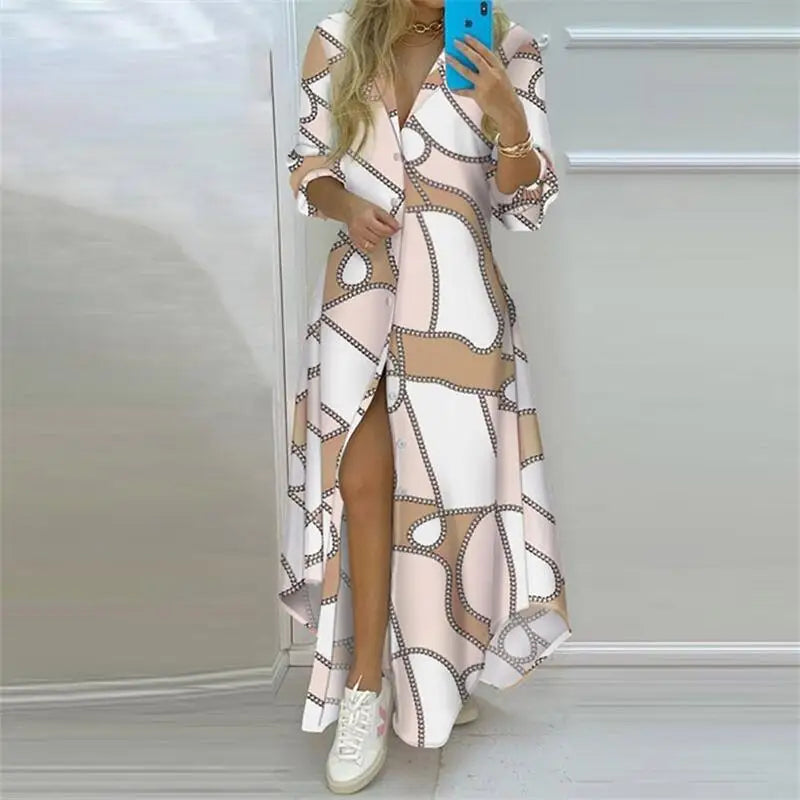 Flowing Printed Maxi Shirt Dress