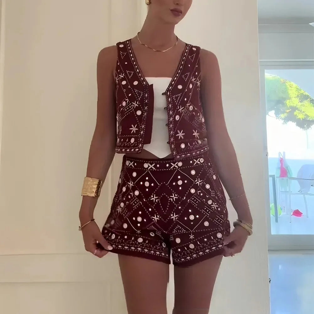 Embroidered Vest Shorts Set