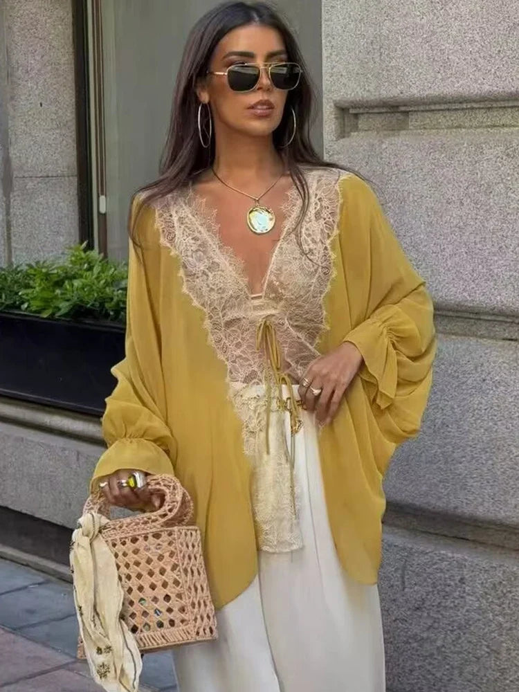 Mustard Lace-Trim Tie-Front Blouse