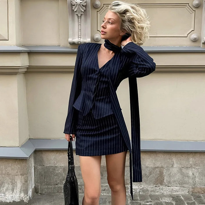 Pinstripe Blazer Mini Skirt Set