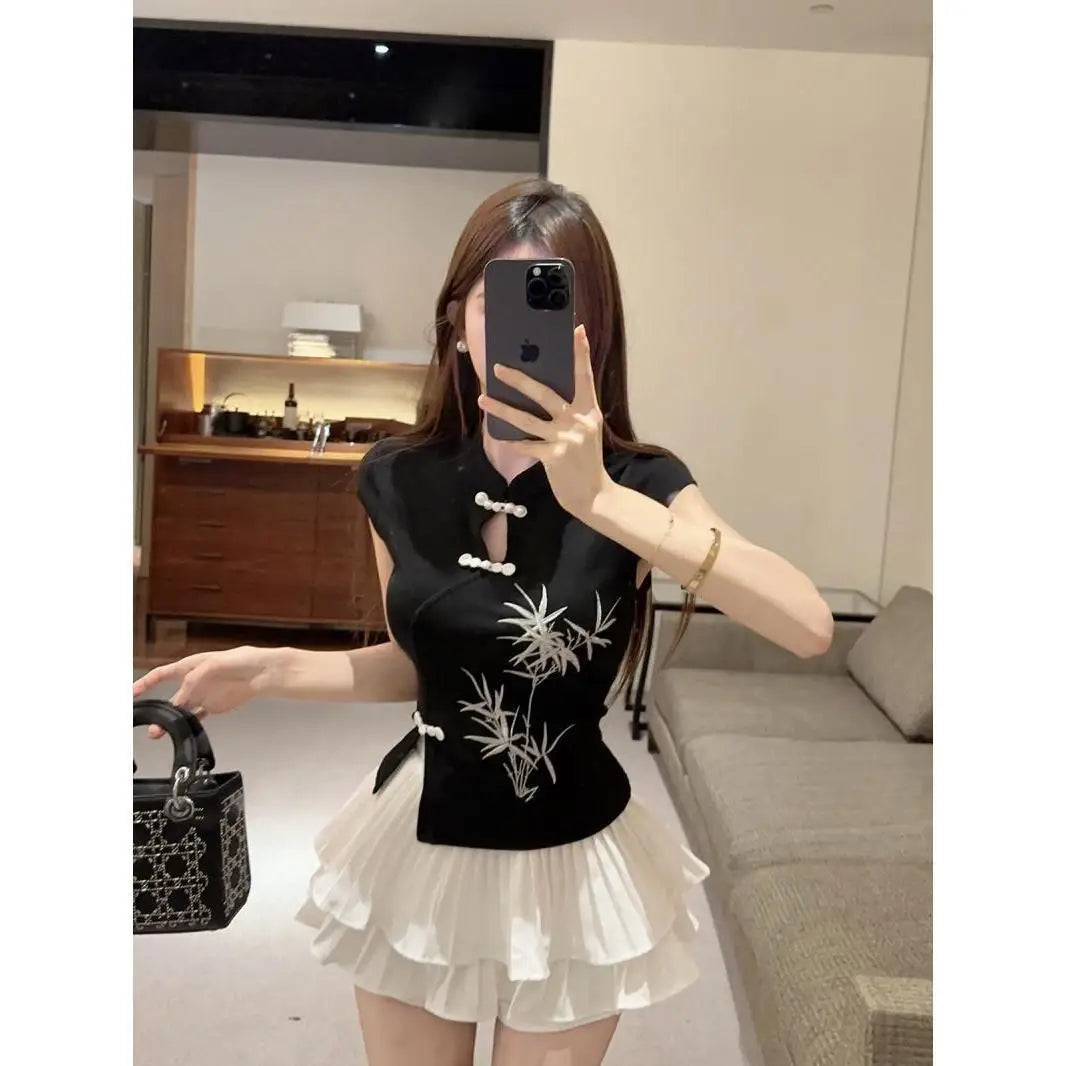 Pink Embroidered Mandarin Collar Top