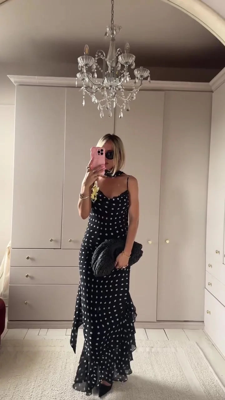 Polka Dot Cowl Neck Maxi Party Dress