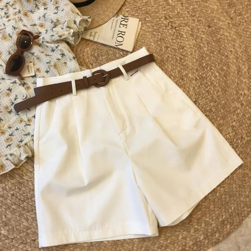 White Tailored Belted Shorts