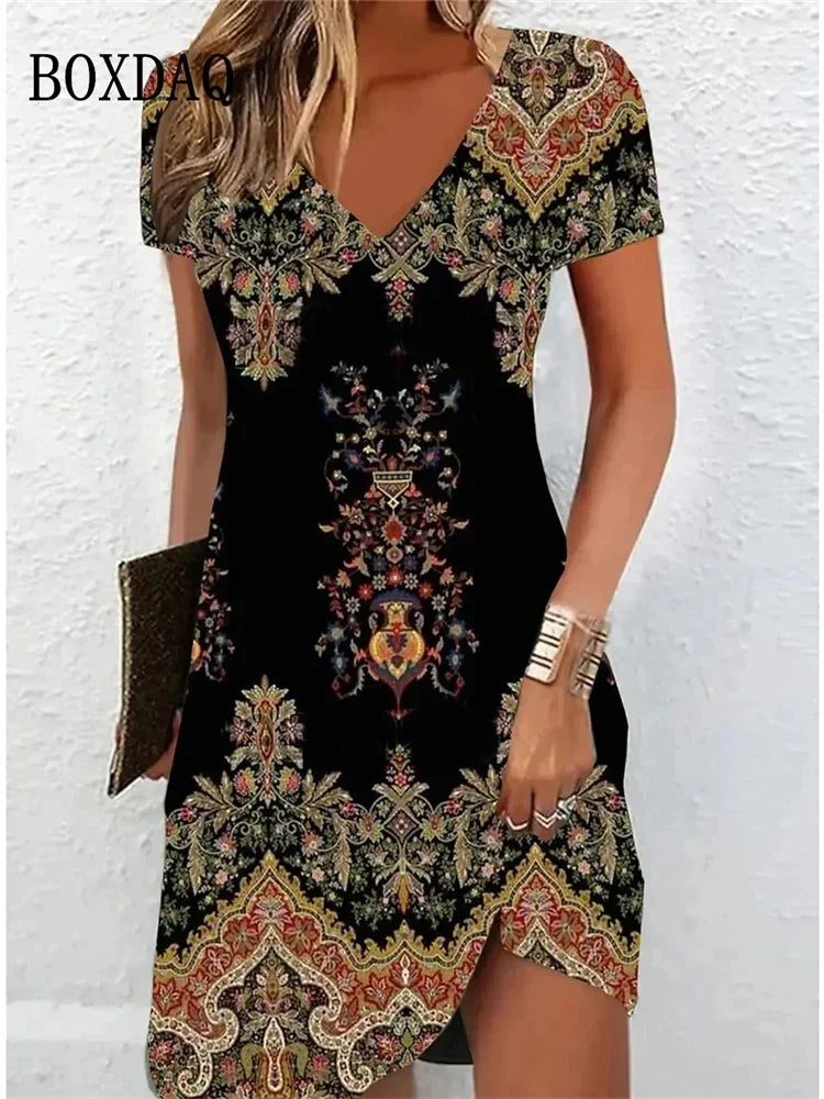 Navy Floral Print V-Neck Midi Dress