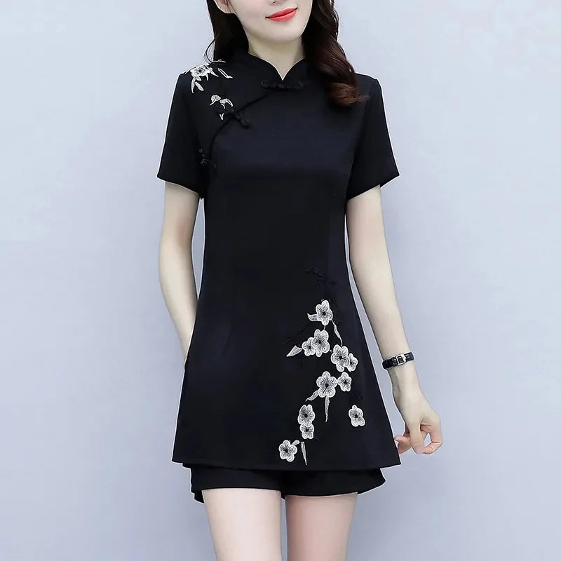 Embroidered Mandarin Collar Shorts Set